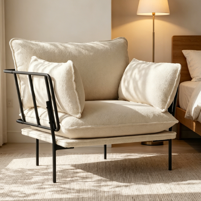 Cream Boucle Padded Relax Chair with Metal Legs